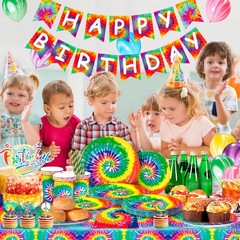 Rainbow Party Decoration Tie Dye Birthday Tableware Balloons Plates Cake Topper