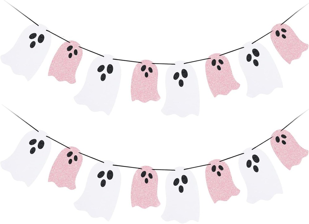 2 Pack Pink and White Halloween Ghost Garland Banner, Pink,white