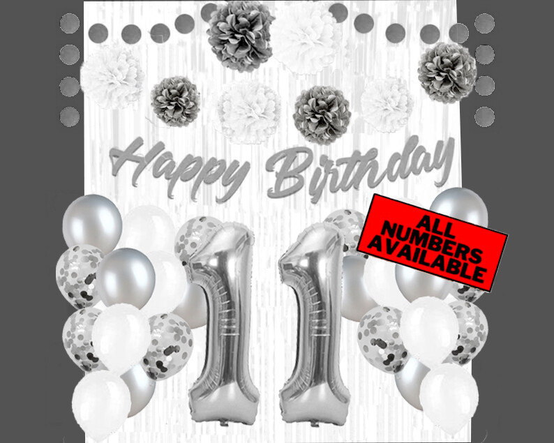 Silver & White 11th Birthday Decorations – 40″ Number Balloons &More-Boy or Girl