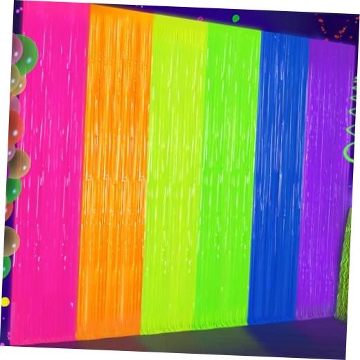 2 Pack Glow in The Dark Tinsel Curtains, Neon Party Decorations 3.3 x 6.6 Ft