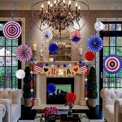 26Pcs Patriotic Decorations LOVE Banner Red White Blue Paper Fans Star Strea…