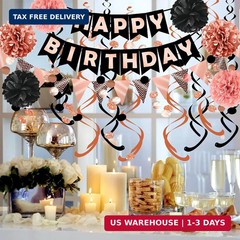 FECEDY Rose Gold Black Theme Happy Birthday Banner Flag Bunting Paper Circle Con