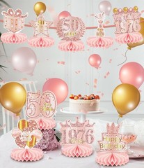 50th Birthday Celebration Set – 9 Rose Gold Pink Honeycomb Decorations for Women