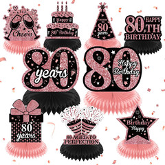 9Pcs Rose Gold 80Th Birthday Decorations Rose Gold Black Happy 80Th Birthday Tab