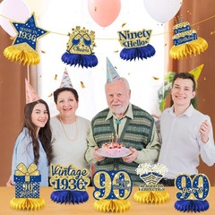 9Pcs Blue Gold 90th Birthday Decorations Blue 90th Birthday Honeycomb Centerpiec