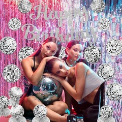 Disco Birthday Party Decorations – Silver Disco Ball Banner, Honeycomb Center…