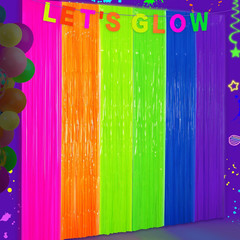 Glow in the Dark Tinsel Curtains 2 Pack – 3.3X6.6Ft Fluorescent Party Backdrop