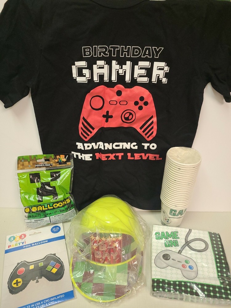 Gamer party supplies, MINECRAFT theme balloons, gamer shirt Kid M, bday hats