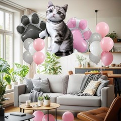 18PCS Gray Tabby Cat Balloon Set – Giant Kitten Foil Balloon, Pink Gray Paw P…