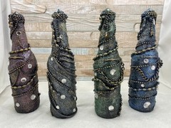 STEAMPUNK GLASS BOTTLES X4 – ANY OCCASION OR SPACE – RED/GREEN/SILVER/BLUE