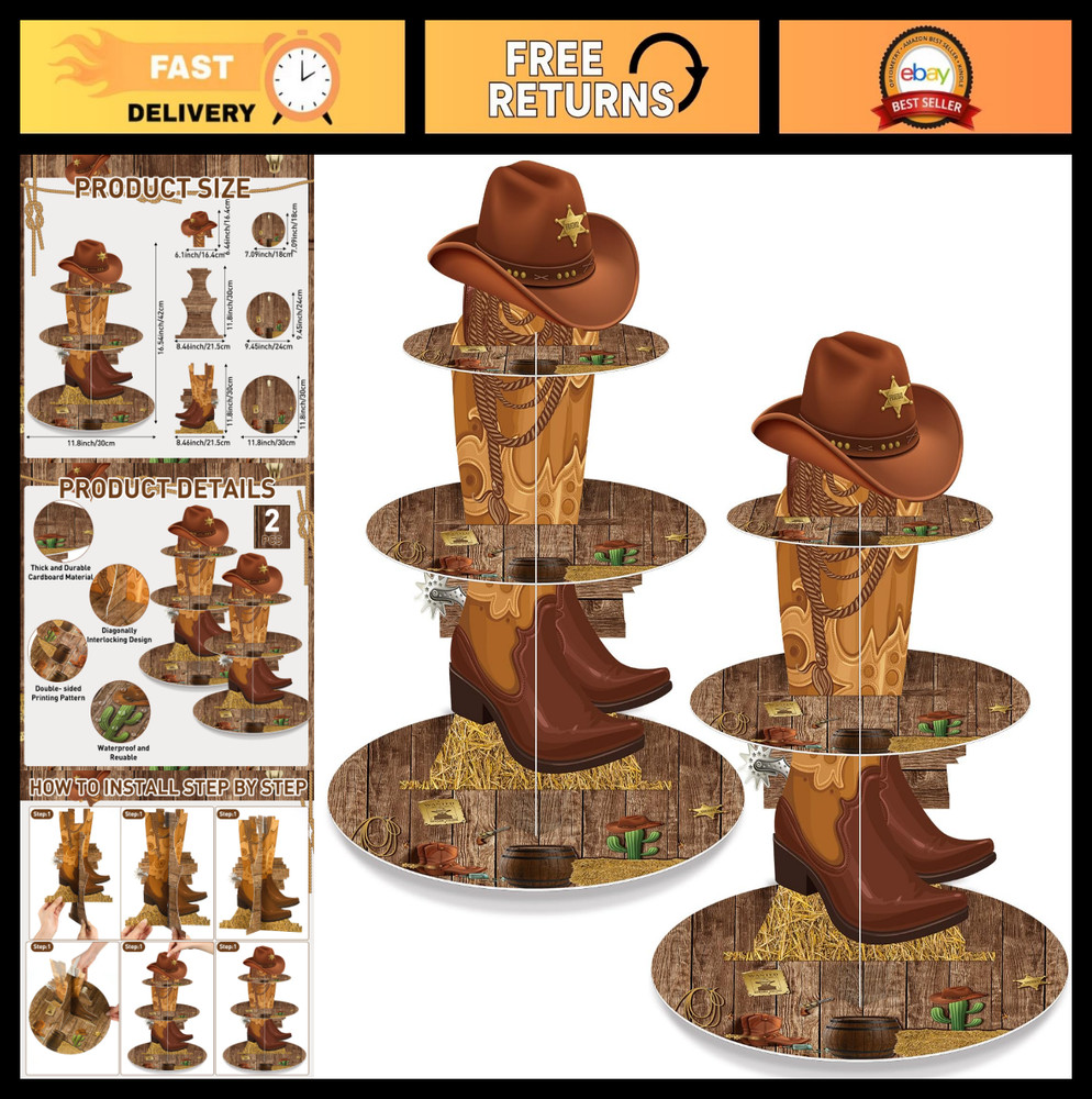 2 Pack Western Cowboy Cupcake Stand – Birthday Party Decoration & Dessert Holder