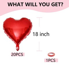 20pcs Red Heart Balloons, 18 inch Heart Shape Foil Balloons with 1 Ribbon