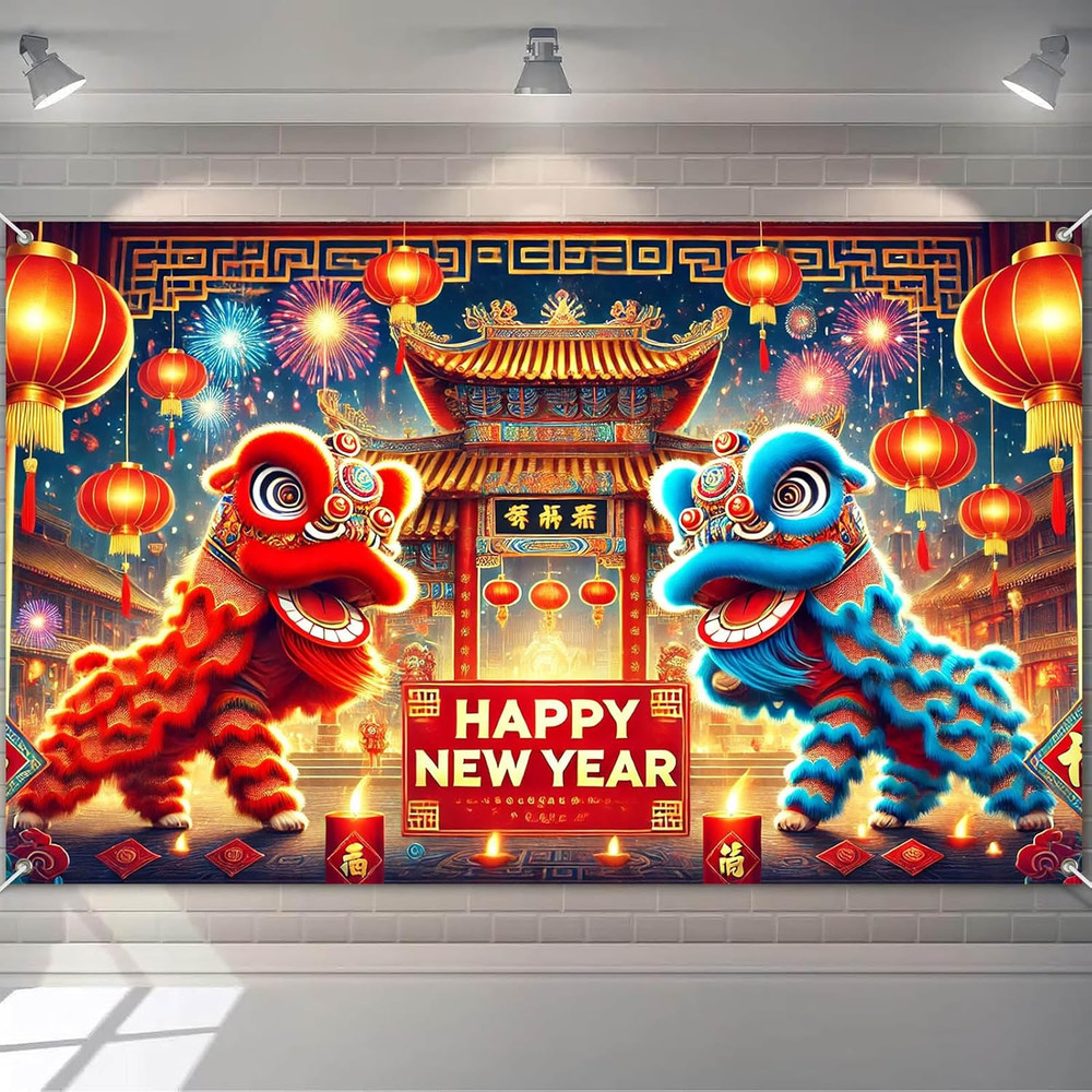 2026 New Year Lion Dance Banner 71 X 43 Inch Chinese Festival Party Backdrop Red