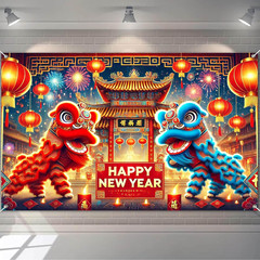 2026 New Year Lion Dance Banner 71 X 43 Inch Chinese Festival Party Backdrop Red