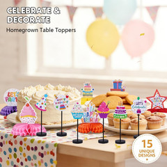 15 Pcs Birthday Table Centerpieces Set – Colorful Honeycomb Balls & Wooden Table