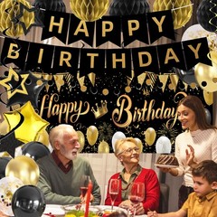 Gold Black Birthday Decorations, Happy Birthday Banner, Backdrop, Balloons, H…