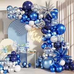 Blue White Silver Balloon Garland Arch Kit, 140Pcs Navy Light Metallic Blue S…