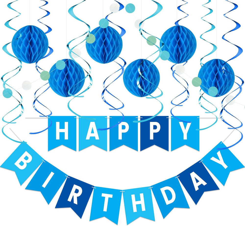Blue Birthday Decorations Kit – 16-Piece Set with Pre-Strung Happy Birthday Bann