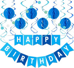 Blue Birthday Decorations Kit – 16-Piece Set with Pre-Strung Happy Birthday Bann