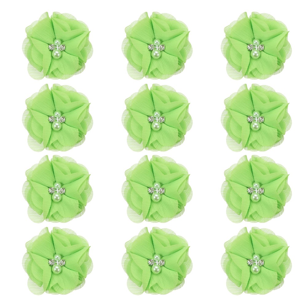 12Pcs 2″ Chiffon Flowers with Rhinestone Pearl Sewing Fabric Flowers,Light Green
