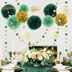 15 PCS Green Tissue Pom Poms & Dots Garland for Parties & Weddings