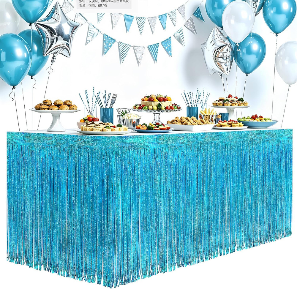 2 Pack Light Blue Iridescent Fringe Table Skirt 30X118″, Holographic Metallic