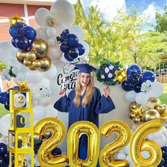 Navy Blue and Gold Graduation Balloons Garland Arch Kit with Backdrop GRAD Ba…