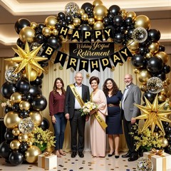 141Pcs Black and Gold Balloon Arch Kit with Happy Birthday Banner for Black a