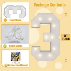 3FT Marquee Numbers, Warm White Light Up Number 3 with Display Board