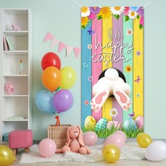 Happy Easter Decorations Colorful Eggs Flowers Bunny Door Cover Banner 35×72″