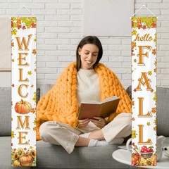 Hello Fall Decorations Pumpkins Maple Leaves Porch Sign Door Banner Gift 12″x72″