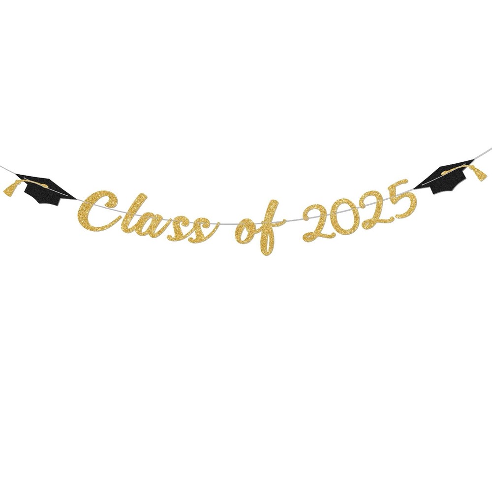 Class of 2025 Banner Gold Glitter Grad Decorations 2025 for Fireplace Wall Photo