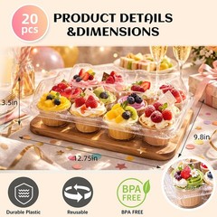 (12 Count x 20 Sets Plastic Cupcake Containers with Liners, Clear Cupcake Hol…