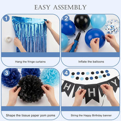 Blue Black Birthday Party Decorations Banner Balloons Pom Poms Foil Curtain