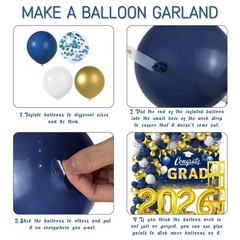 Navy Blue and Gold Graduation Balloons Garland Arch Kit with Backdrop GRAD Ba…