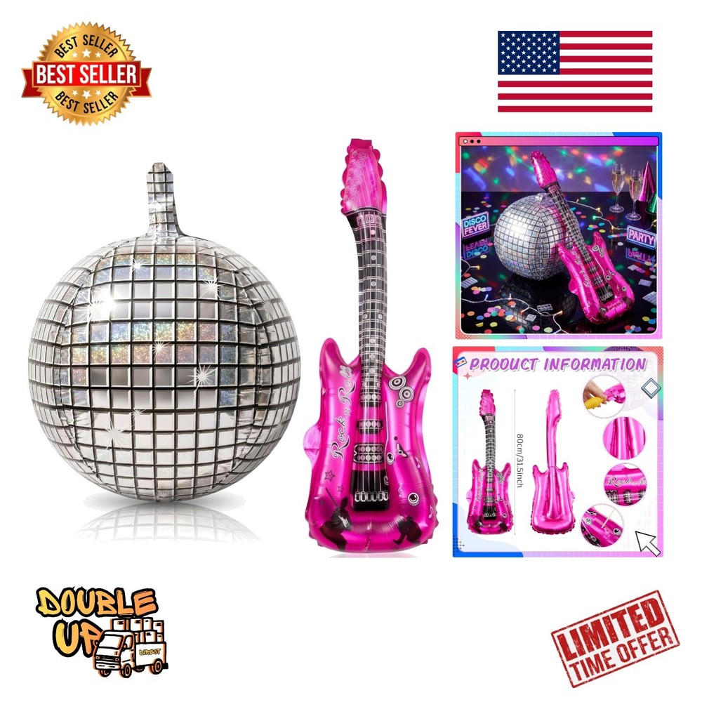 2 Pcs Lightweight Inflatable Disco Ball & Guitar – Perfect for Retro Events