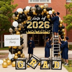 2026 Graduation Decorations – 123pcs Black Gold Balloon Arch, Boxes & Backdrop