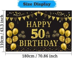 50th Birthday Celebration Backdrop – Lightweight Gold Black 5.9ft x 3.6ft Decor