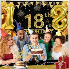 18th Birthday Party Decorations Set – Black & Gold Banner, Balloons, Sash, Cake
