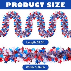 52.5Ft Patriotic Glitter Tinsel Garland Decoration, 52.5 Ft, Red White Blue