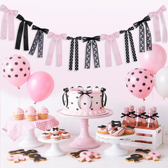 Black and Pink Polka Dot Bow Garland, Black Lace Ribbon Bows Banner Garland Deco