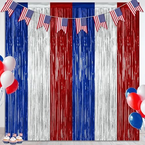2 Pack 4th of July Decorations, 3.28 FT x 7.05 FT 250 2 PCS Blue Silver Red