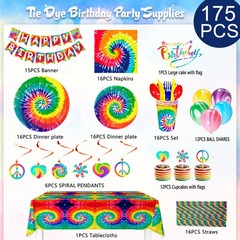 Rainbow Party Decoration Tie Dye Birthday Tableware Balloons Plates Cake Topper