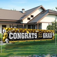 Large Graduation Banner Class of 2026 Black and Gold – 120×20 Inch Congrats Grad
