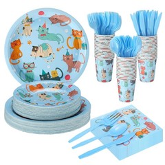 350 Pcs Cat Birthday Party Dinnerware Supplies, Blue Cute Kitten Tableware Se…