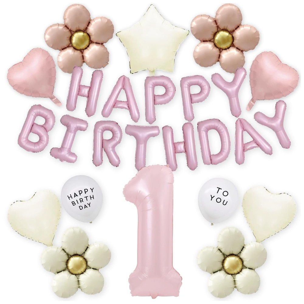 Pink Happy Birthday Balloon Garland Set with Classic Flower Balloons, Hearts …