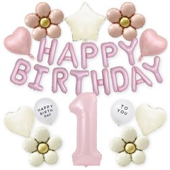 Pink Happy Birthday Balloon Garland Set with Classic Flower Balloons, Hearts …