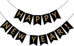 Reusable Black Happy New Banner with Shiny Gold Letters for Celebrations