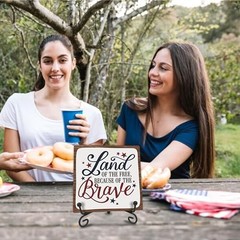 July 4th Wooden Plaque With Iron Stand – Free & Brave – 4″X4″ Wood Sign For