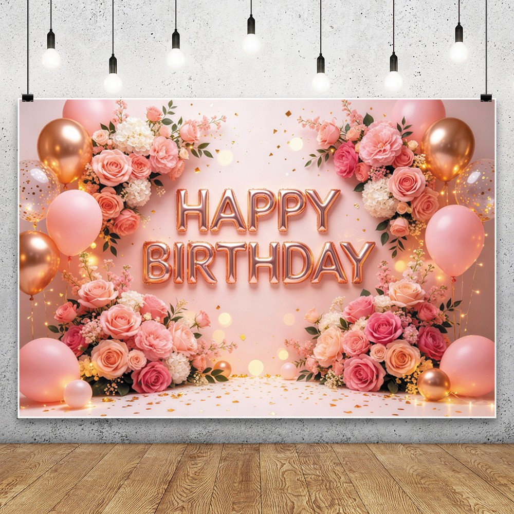 Pink Flower Happy Birthday Backdrop Party Banner Photo Booth Background Decor